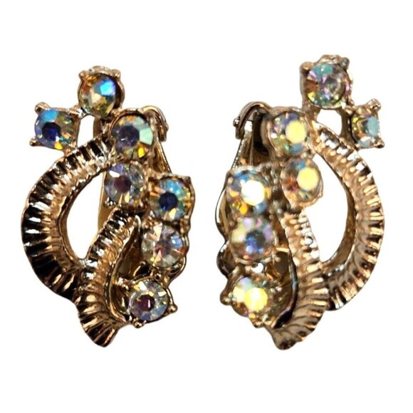 Vintage Gold-Tone Clip-On Earrings With Aurora Borealis Rhinestones 1" x .5" - Picture 3 of 10